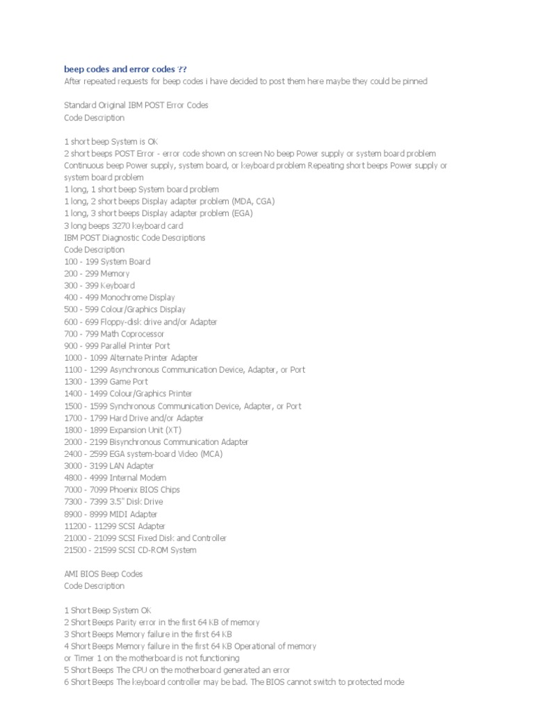 Beep Codes and Error Codes | PDF | Bios | Video Game Platforms