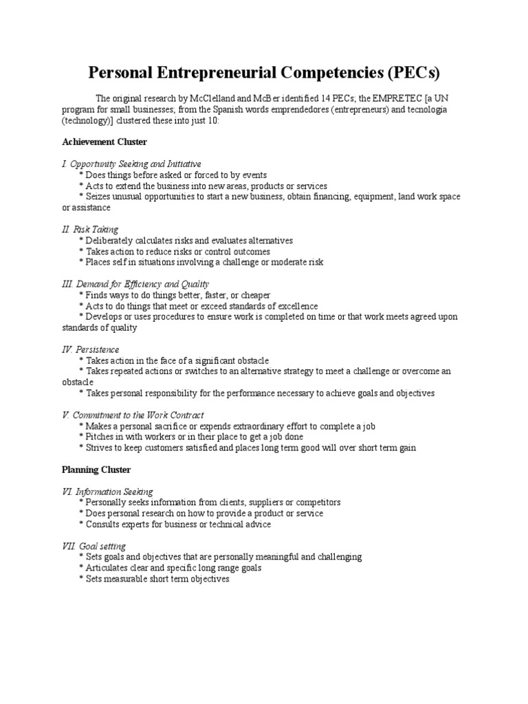 Personal Entrepreneurial Competencies (PECs) | PDF