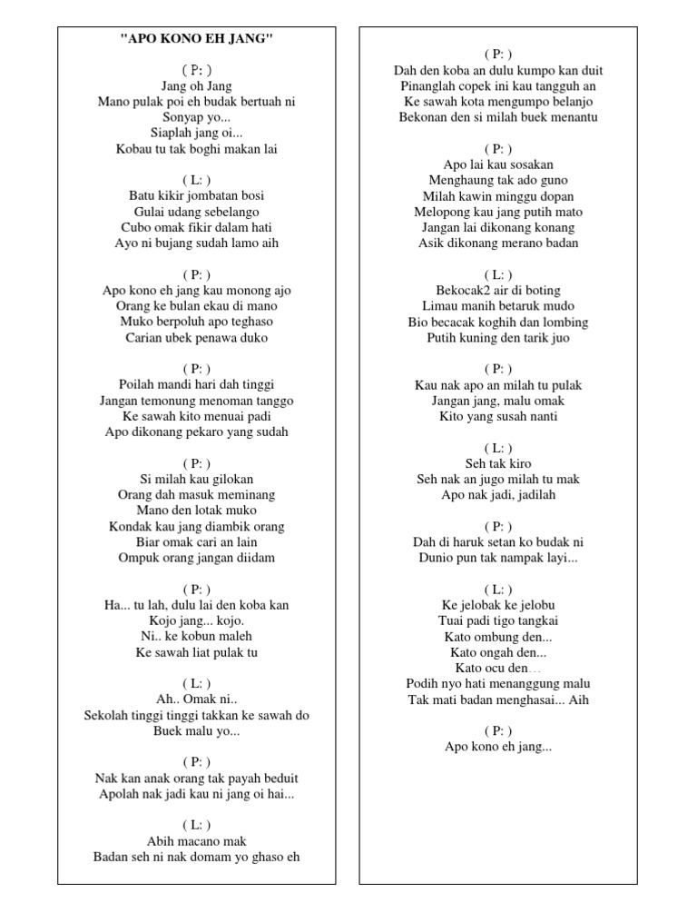 Lirik Lagu "Apo Kono Eh Jang" | PDF | Kajian Bahasa Asing