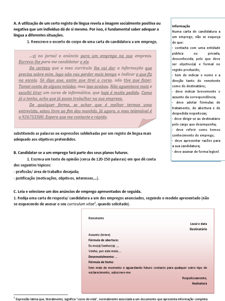 Carta de Candidatura a Emprego Informação Entrevista