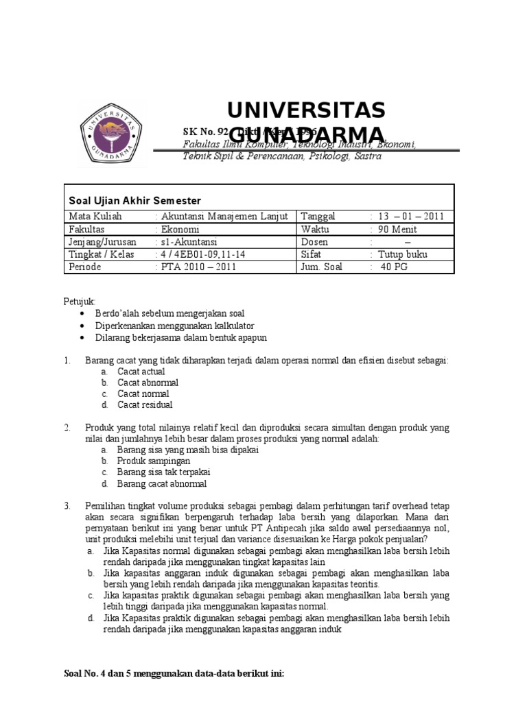 Soal Ujian Akuntansi Manajemen Helmi Kediris