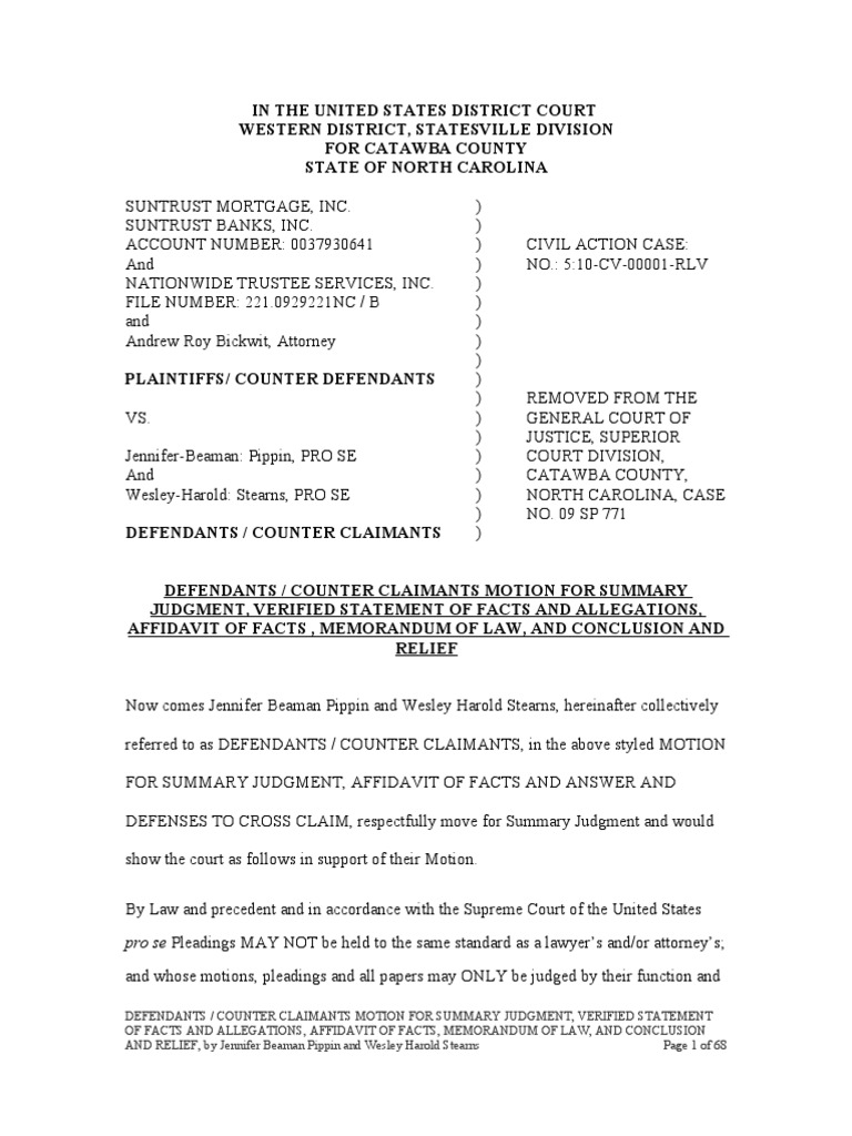 ProSe Summary Judgment Demand and Affidavit by Defendants 07022012