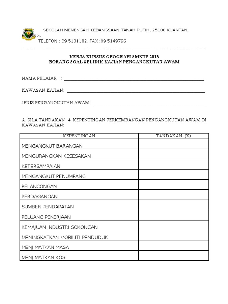 Borang Soal Selidik Kkg 2013 : Pengangkutan Awam