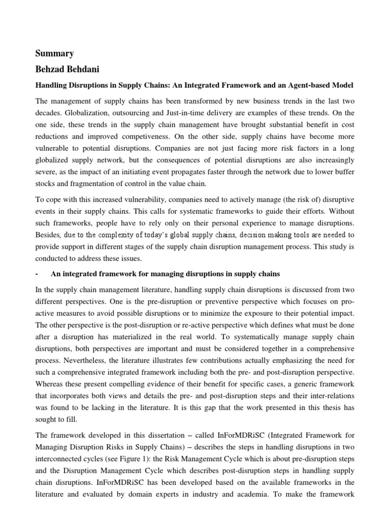 Handling Disruptions in Supply Chains: An Integrated Framework and An ...
