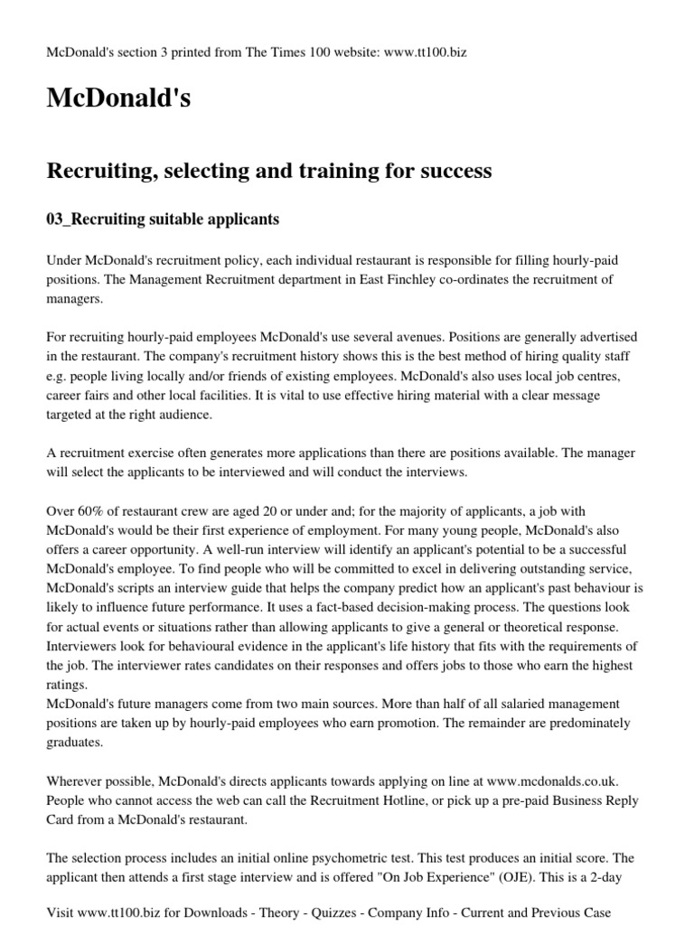 Mcdonald'S: Recruiting, Selecting and Training For Success | PDF ...