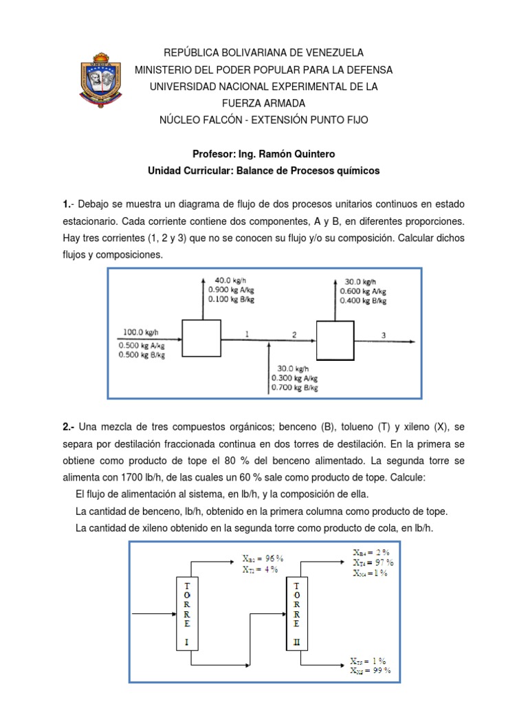 Ejercicios balance de materia sin reaccion química