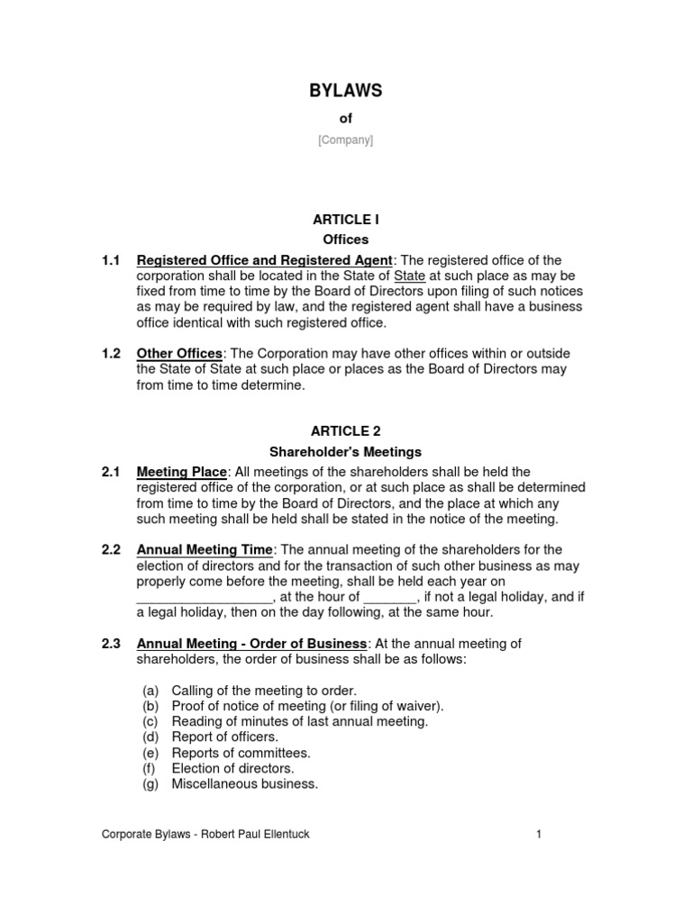 California Corporation Bylaws Model Forms - Robert Paul Ellentuck | PDF