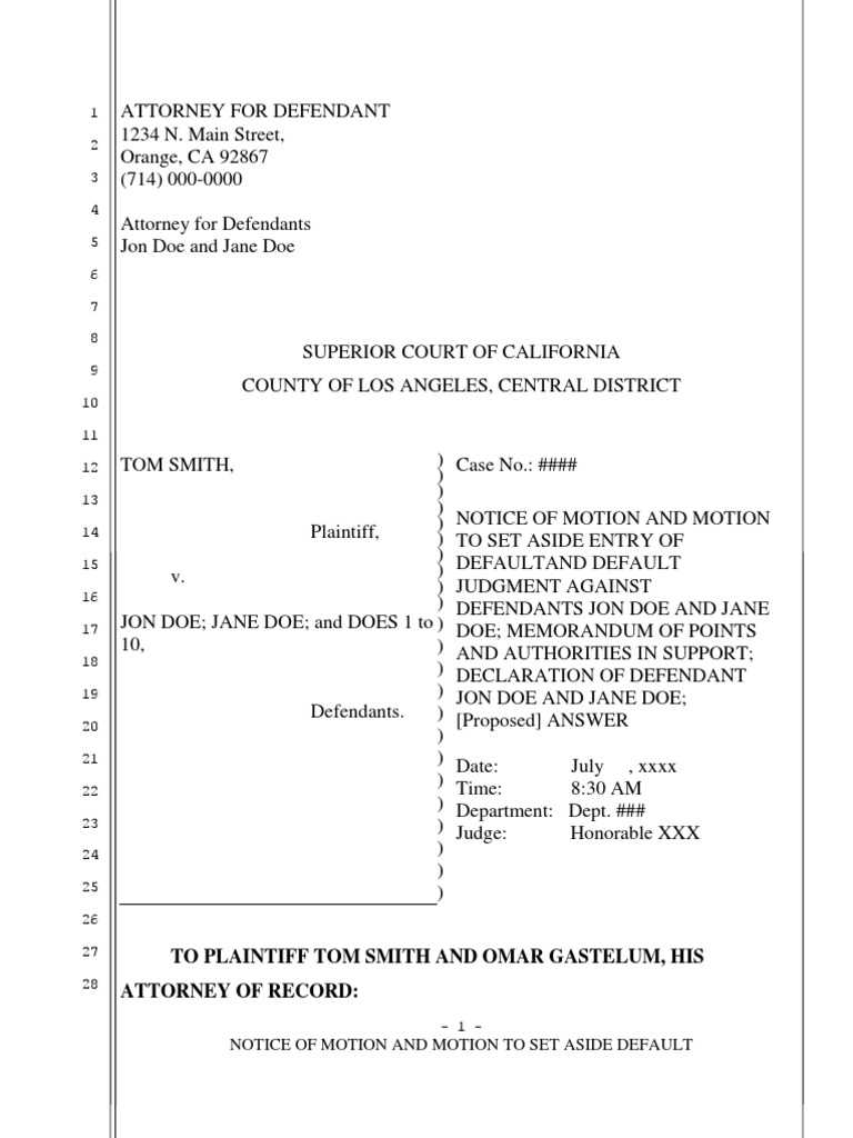 Sample Motion To Set Aside Default Civil Case California PDF