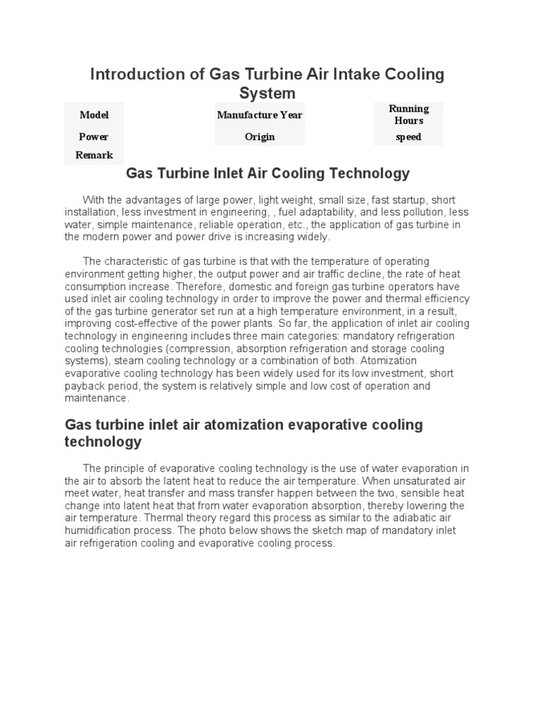 Introduction of Gas Turbine Air Intake Cooling System PDF Gas