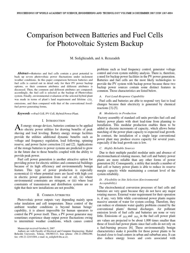 Batteries vs Fuel cells Battery (Electricity) Photovoltaics