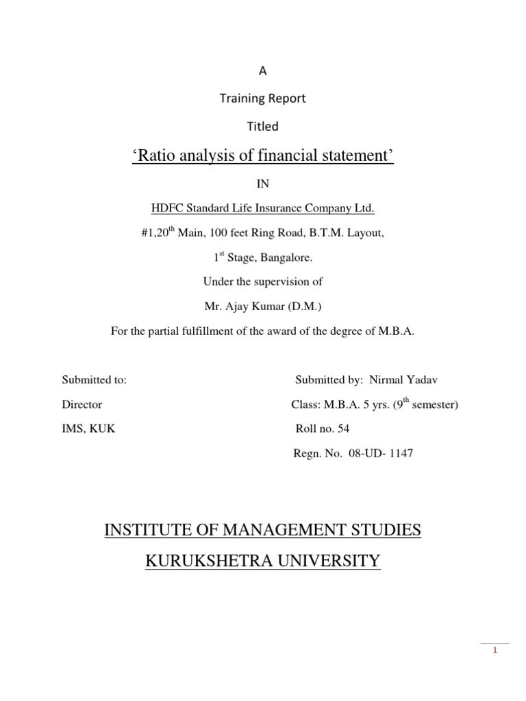 Training Report On Ratio Analysis in HDFC Standard Life Insurance