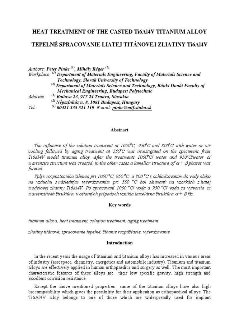 Heat Treatment of Ti6Al4V Alloy PDF Heat Treating Titanium
