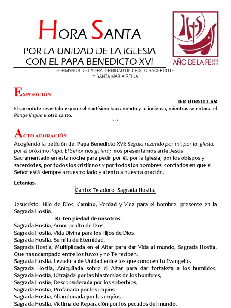 Hora Santa Por La Unidad de La Iglesia Con El Papa Benedicto XVI | PDF ...