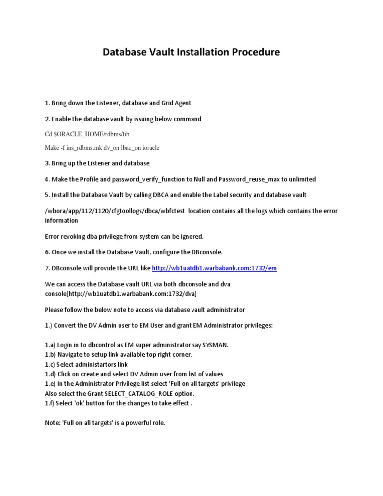 Database Vault Installation Guide | PDF | Home & Garden