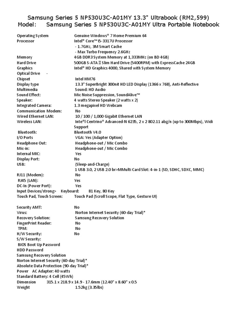 Samsung Series 5 NP530U3C | PDF | Secure Digital | Usb