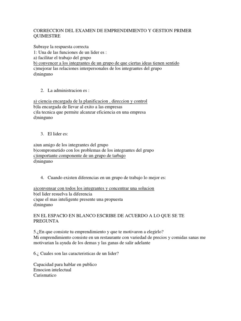 Corrección Examen de Emprendimiento | PDF | Crecimiento personal y ...