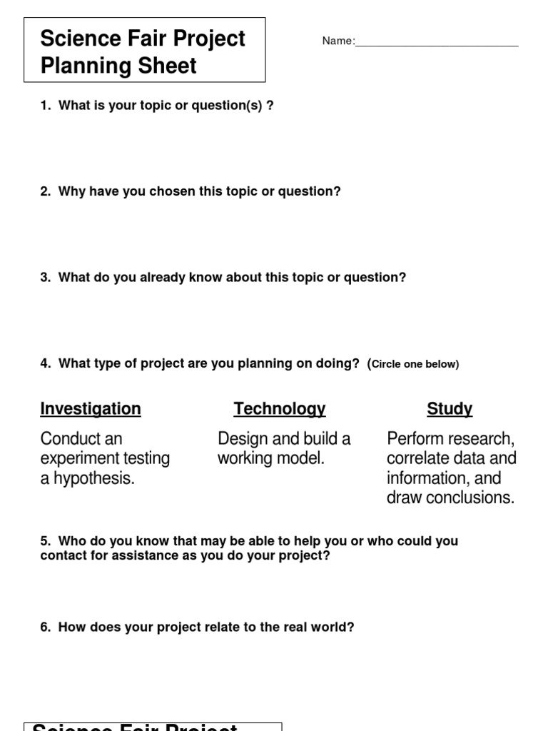 Science Fair Planning Sheets Experiment Hypothesis