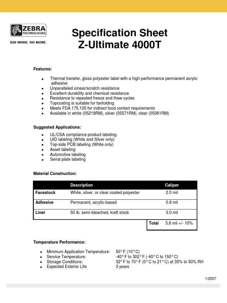 Z-Ultimate 4000T Label Specification Sheet | PDF