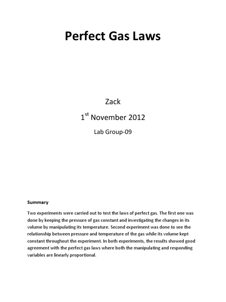 Perfect Gas Law Lab Report PDF Gases Pressure