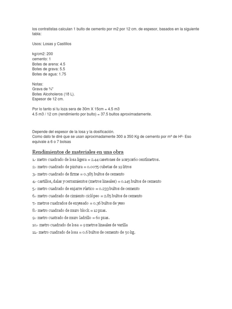Cuantos Sacos De Cemento Por Metro Cubico De Concreto Rendimiento de Bulto de Cemento | PDF | Presupuesto | Naturaleza