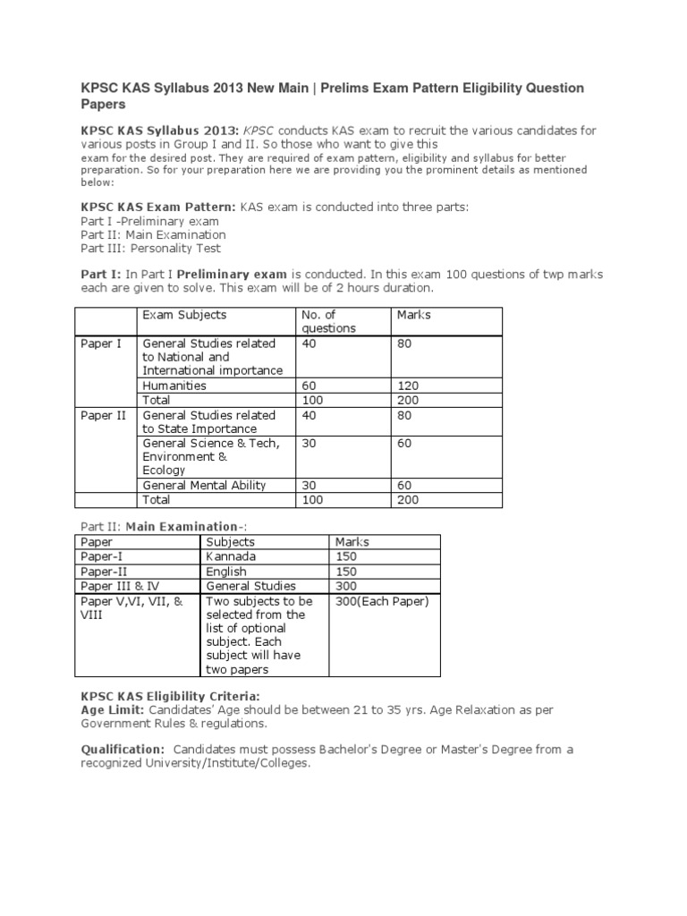 KPSC KAS Syllabus 2013 New Main - Prelims Exam Pattern Eligibility ...