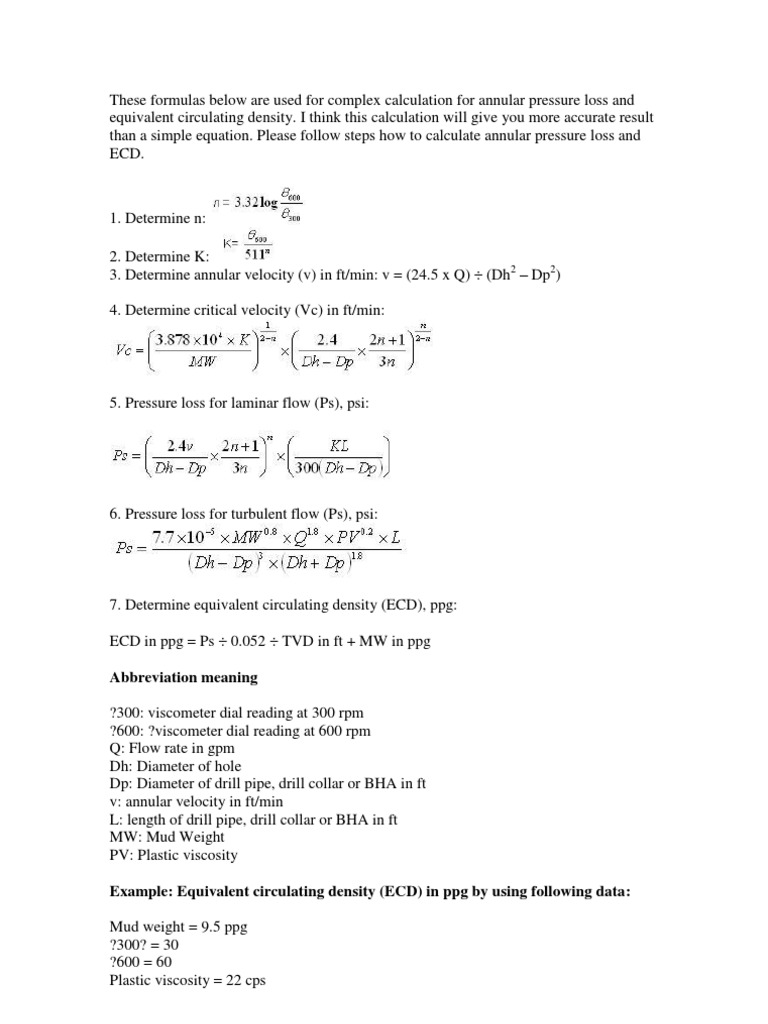 Annular Pressure Loss & ECD Calculation | PDF | Fluid Dynamics ...