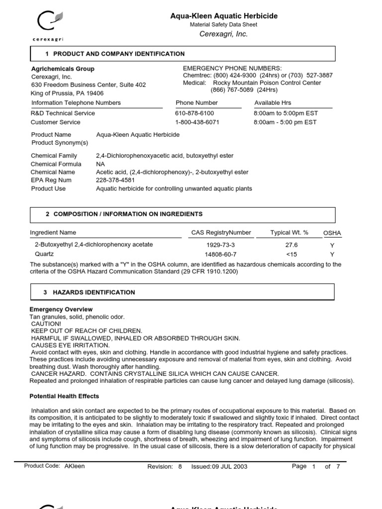 aquakleen herbicide msds Personal Protective Equipment Toxicity