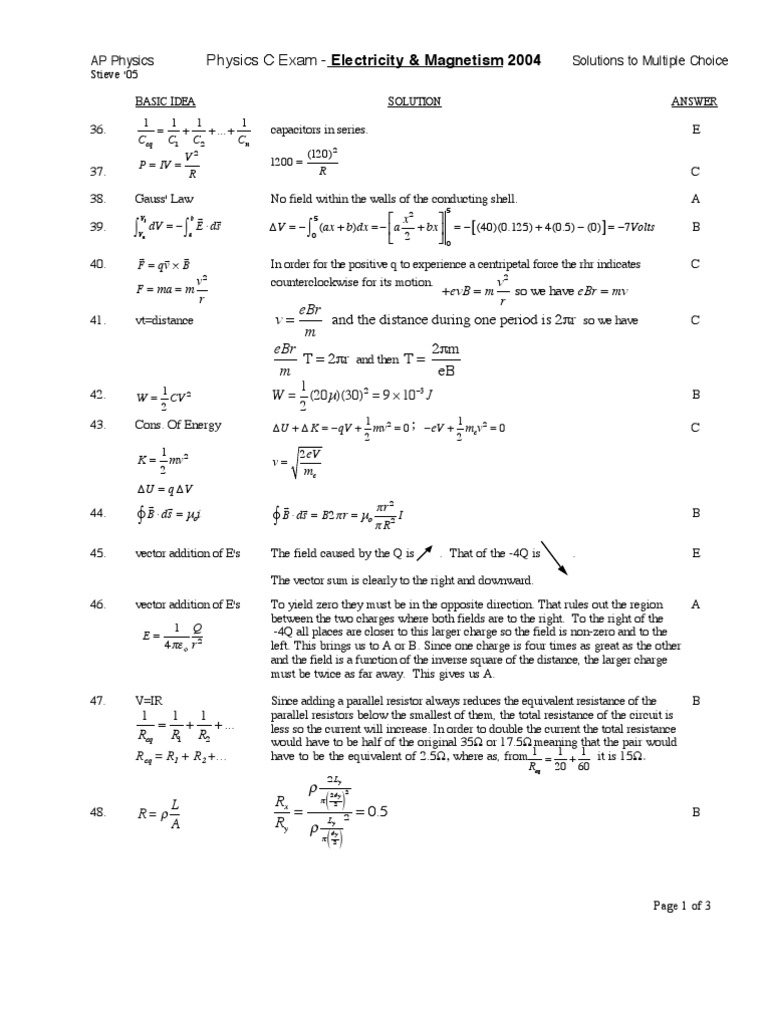 AP Physics C E&M 2004 MCQ Solutions | PDF | Magnetic Field ...