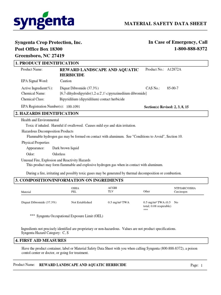 reward aquatic herbicide msds Toxicity Dangerous Goods