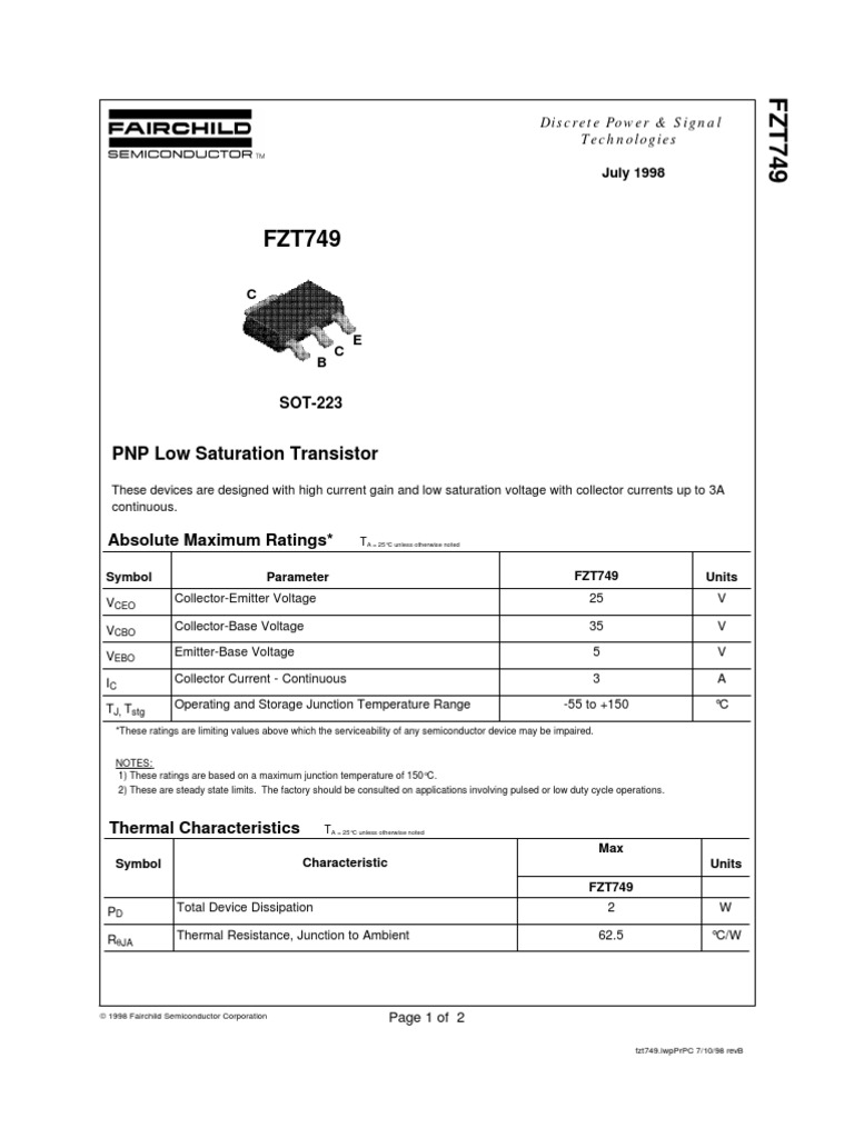 FZT749 PNP Low Saturation Transistor | PDF | Bipolar Junction ...