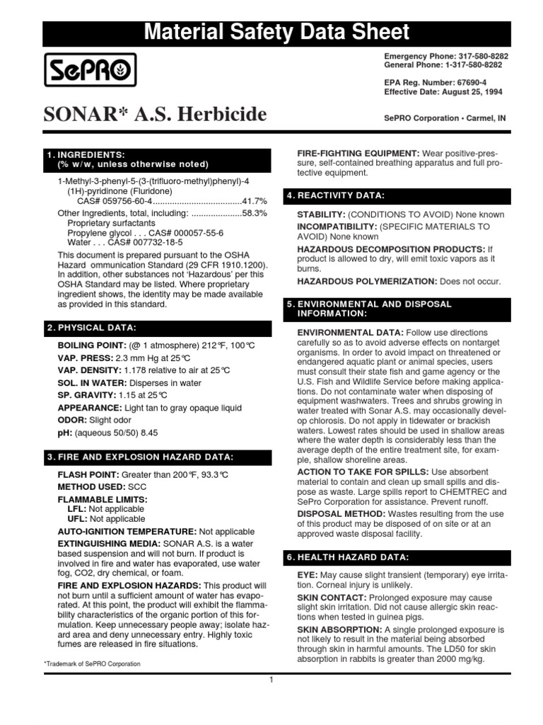 sonar as herbicide msds Toxicity Safety