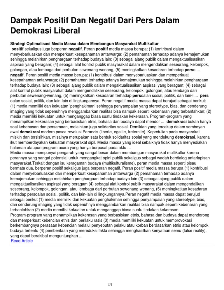 Dampak Positif Dan Negatif Dari Pers Dalam Demokrasi Liberal