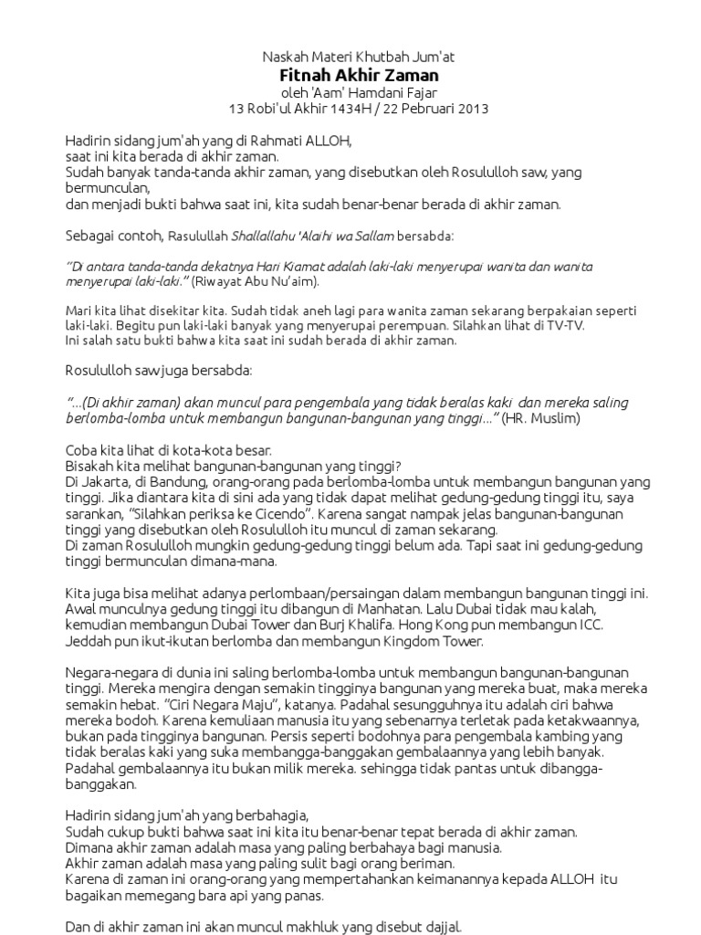 Naskah Materi Khutbah Jumat Fitnah Akhir Zaman