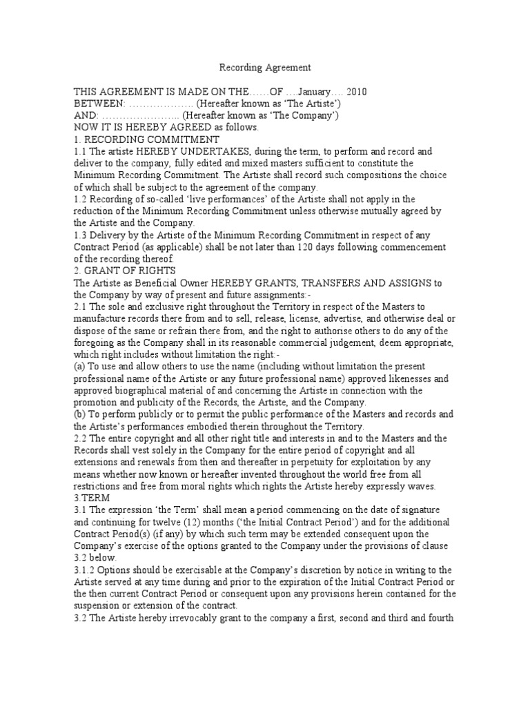 Recording Agreement PDF Royalty Payment Liquidation