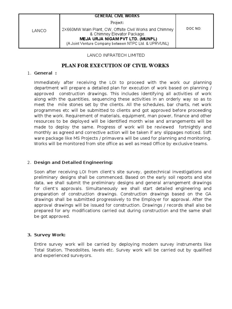 Civil Works Execution Plan for MUNPL | PDF | Surveying | Concrete