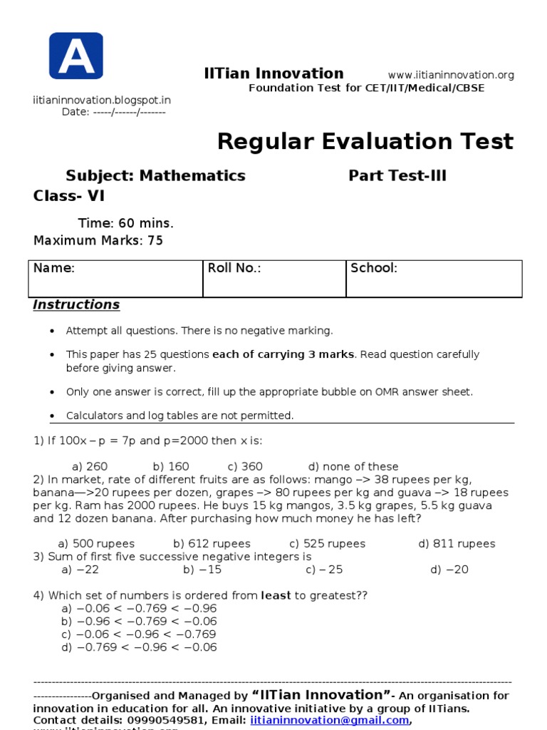 Foundation Math Test for Class VI | PDF | Line (Geometry) | Integer