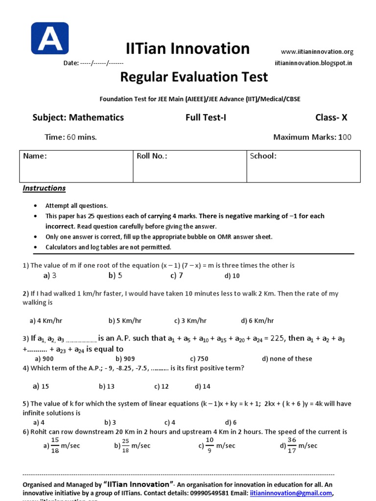 Regular Evaluation Test: Full Test 1 Maths X A | PDF | Circle | Geometry