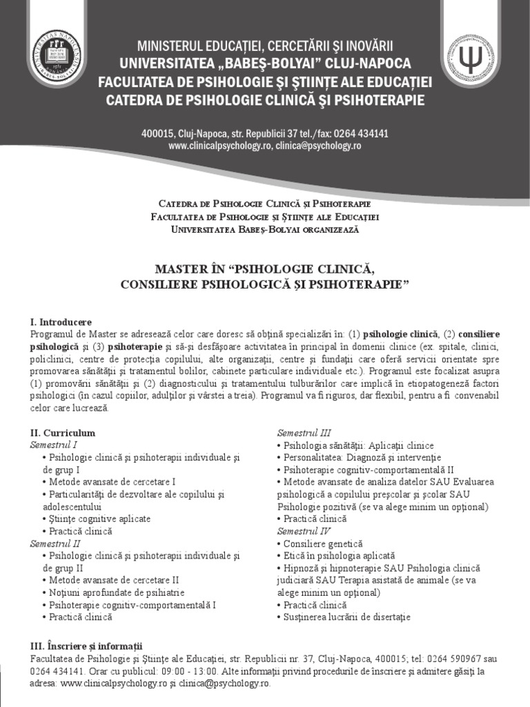Master Psihologie Clinica Si Psihoterapie