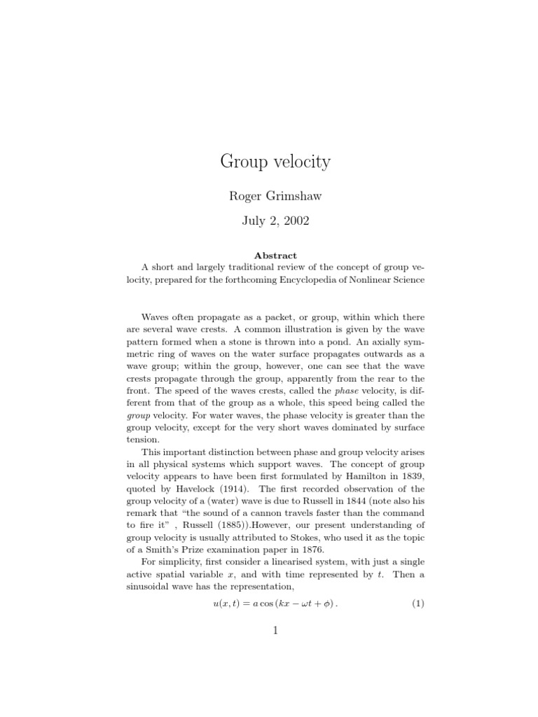 Group Velocity Roger Grimshaw July 2, 2002 PDF Waves