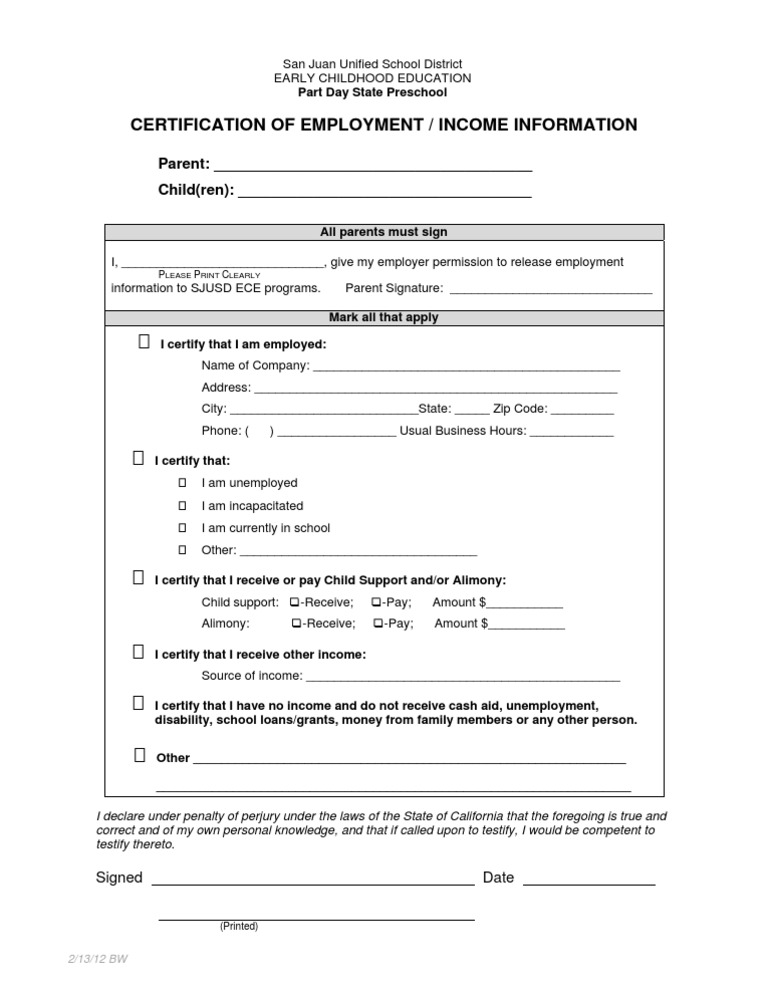 SJUSD Early Childhood Employment Certification | PDF