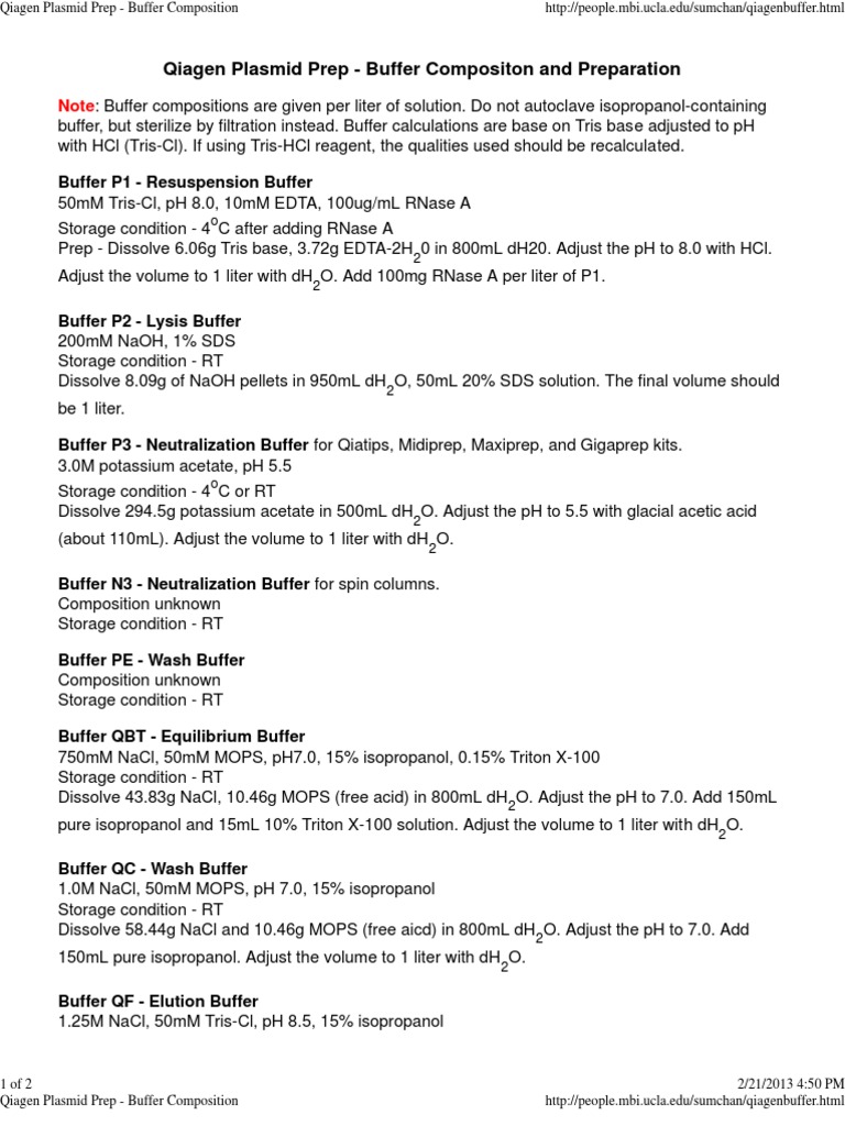 Qiagen Plasmid Prep Buffer Composition Buffer Solution