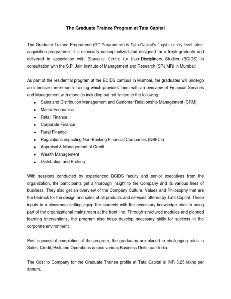 The Graduate Trainee Program at Tata Capital-Program Overview | PDF ...