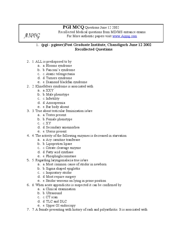 PGI MCQ Questions June 12 2002 | PDF | Liver | Kidney