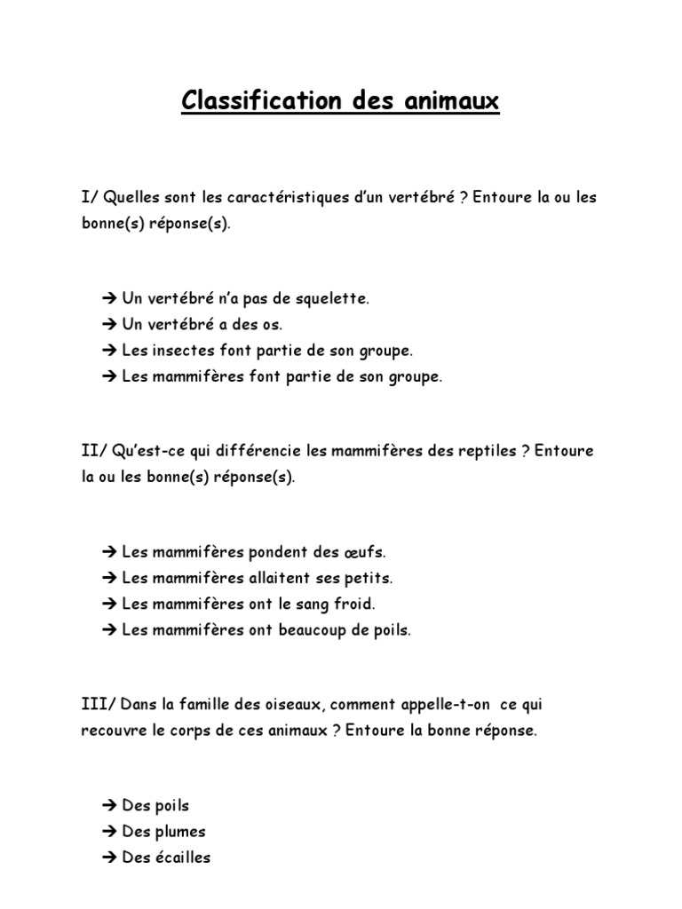 Classification Des Animaux Cm1 Pdf Classification Des Animaux Exercice | PDF | Mammifères | Reptile