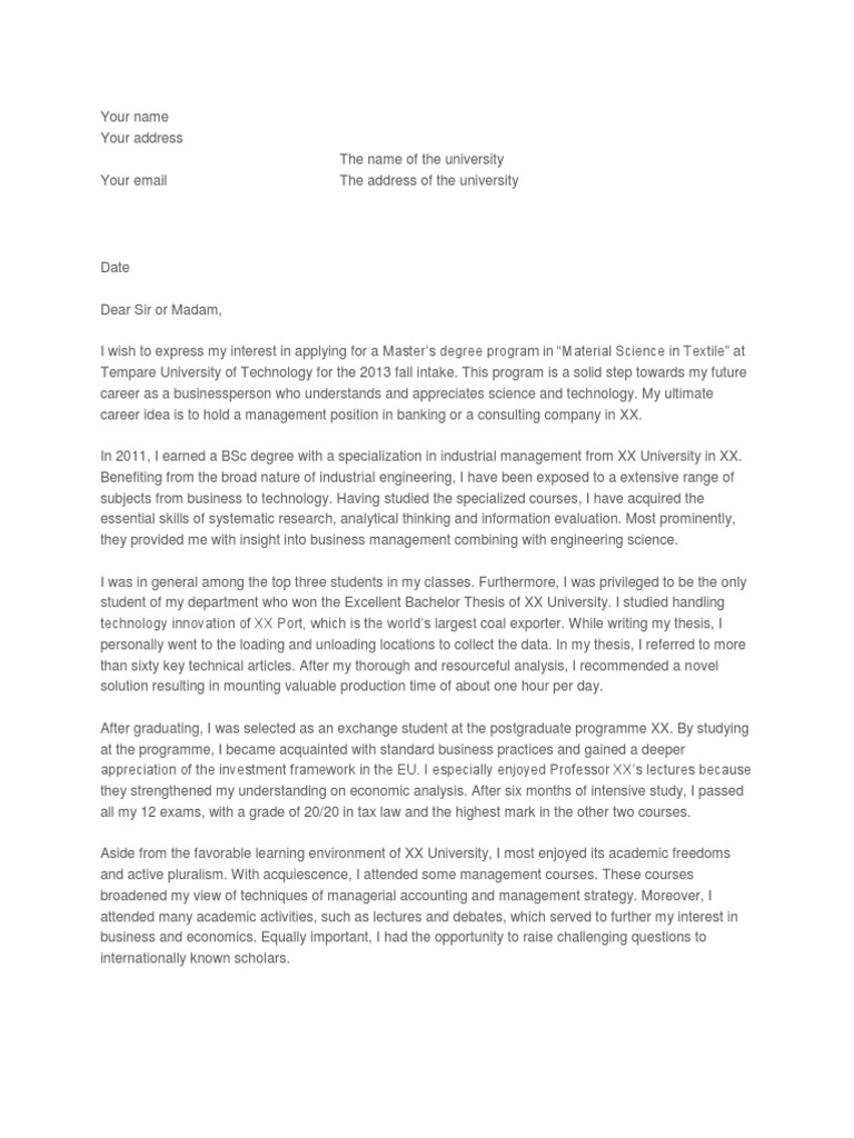 Motivational Letter for MBA  Postgraduate Education  Master Of