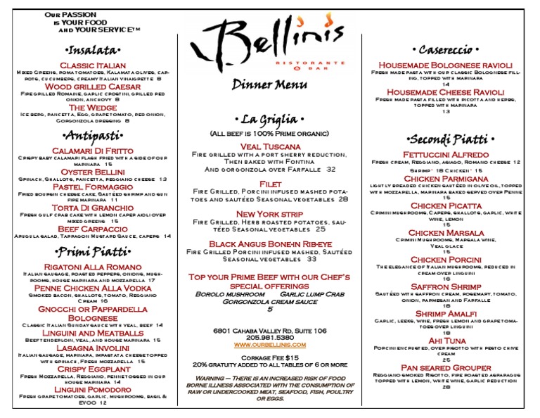 Bellini's Italian Dinner Menu | PDF | Italian Cuisine | Cooking
