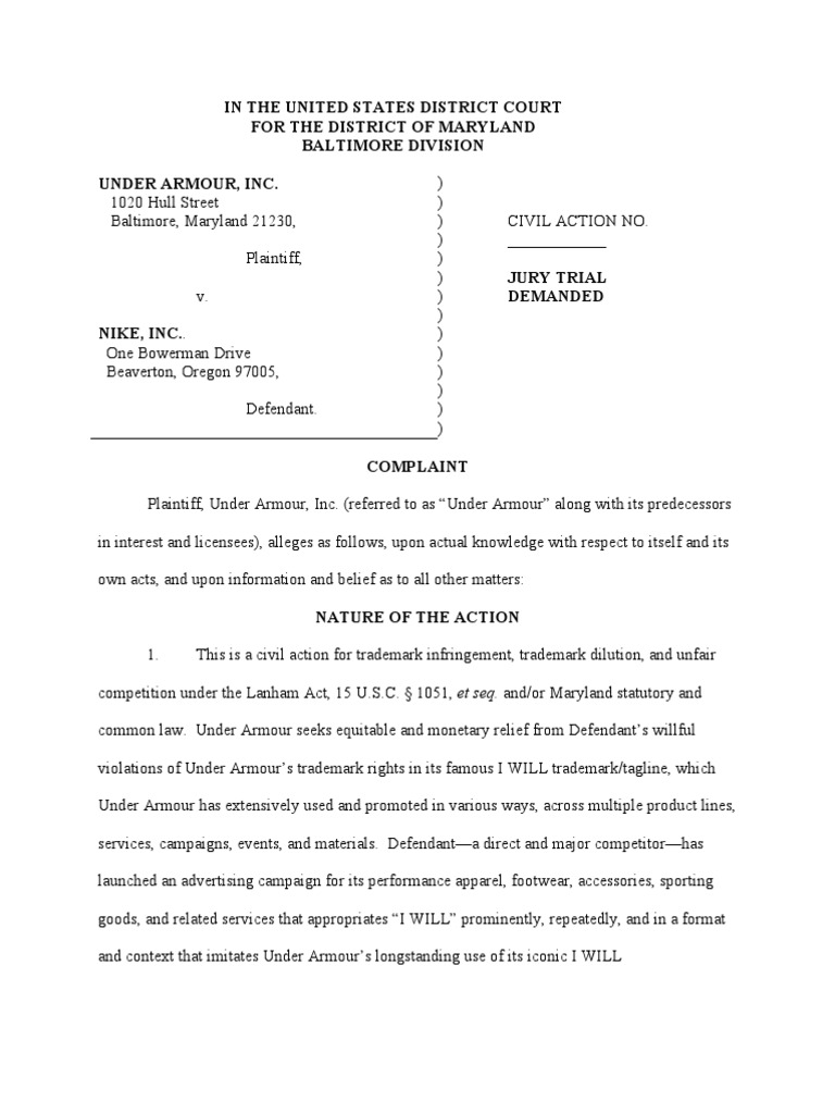 Under Armour Nike Complaint Lanham Act Trademark