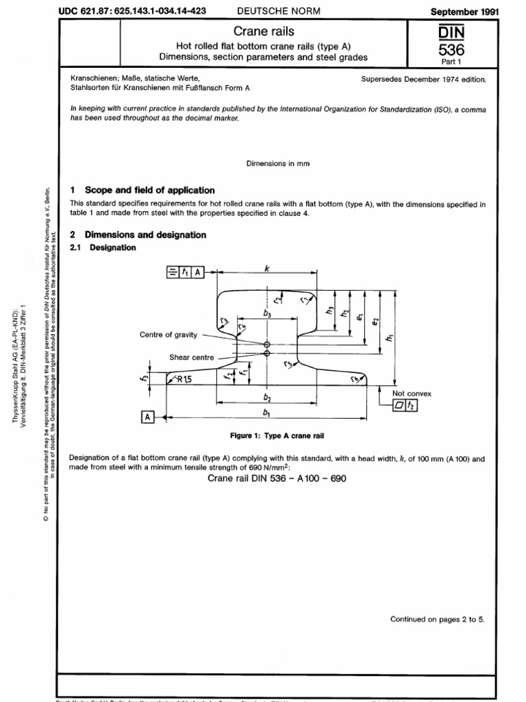 Din 536 1 Crane Rails Hot Rolled Flat Bottom Crane Rails Type A Dimensions Section Parameters And Steel Grades Track Rail Transport Engineering Tolerance