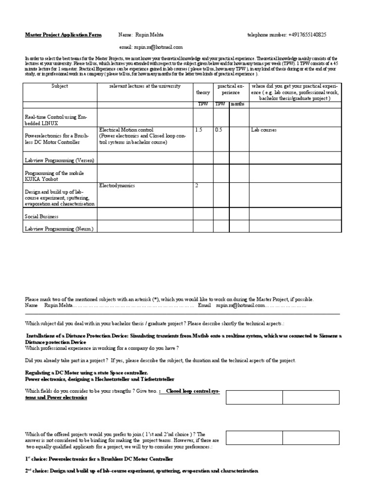 Master Project Application Form-2013 (1) | Power Electronics | Thesis