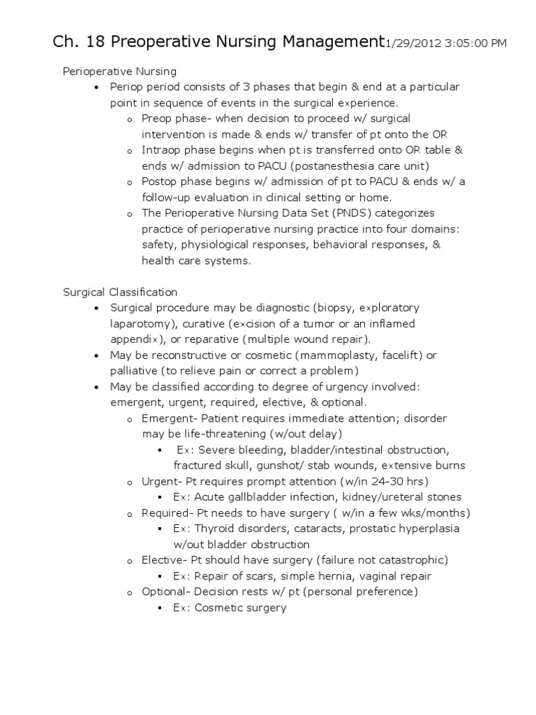 Ch 18 Preoperative Nursing Management Pdf Surgery Anesthesia